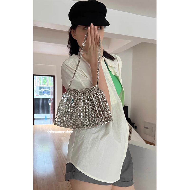 Túi Đeo Vai Sợi Acrylic Dệt Phối Hạt Kim Loại Thời Trang 2023 Cho Nữ