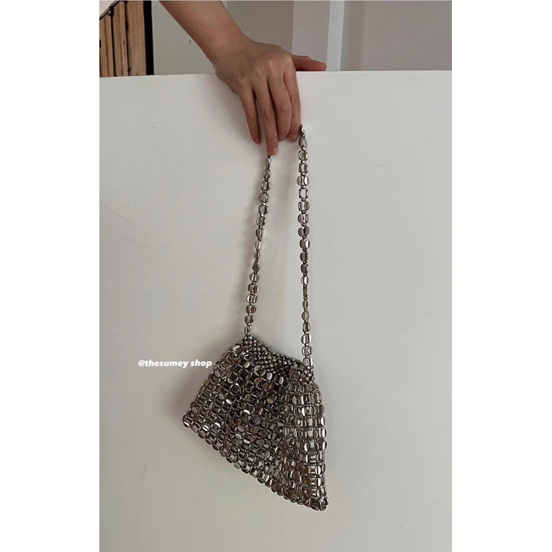 Túi Đeo Vai Sợi Acrylic Dệt Phối Hạt Kim Loại Thời Trang 2023 Cho Nữ