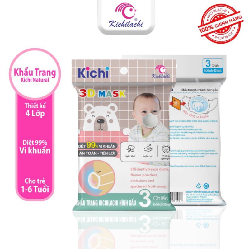 Set 3 khẩu trang gấu cho bé sơ sinh bảo vệ hô hấp cho bé Kichilachi Nhật Bản