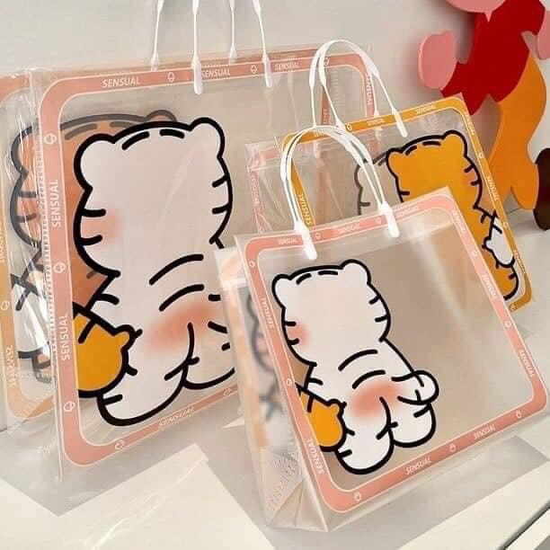 SET 3 Túi Trong Suốt Chống Nước Hình Chú Hổ Siêu Cute Chất Liệu Nhựa PP Bền Đẹp Có Thể Gấp Gọn