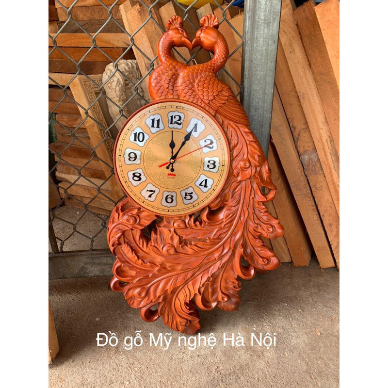Đồng hồ treo tường gỗ hương hình chim Công