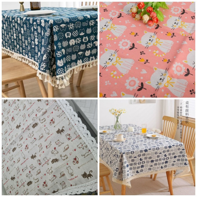 May viền ren-Khăn trải bàn vải canvas mẫu mèo dễ thương trang trí decor chụp ảnh
