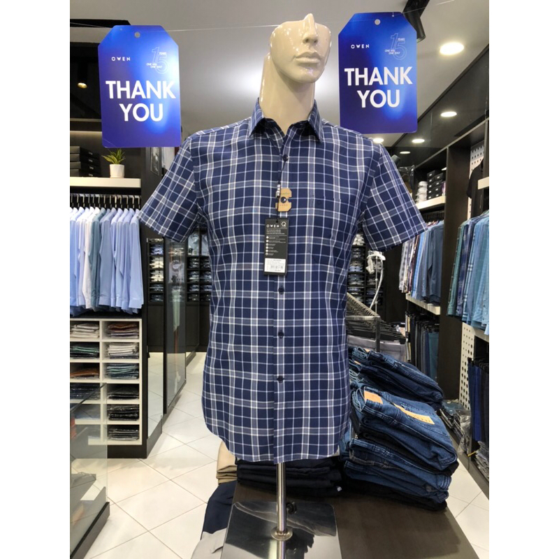 Áo sơ mi owen ngắn tay màu caro navy trắng regular fit vải sợi tre AR230053NT