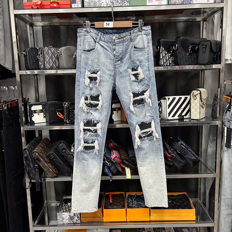 Quần jean xanh đính đá 4 cúc wash rách tua,quần bò amiri loang ống chân đính đá khâu viền phong cách boy phố