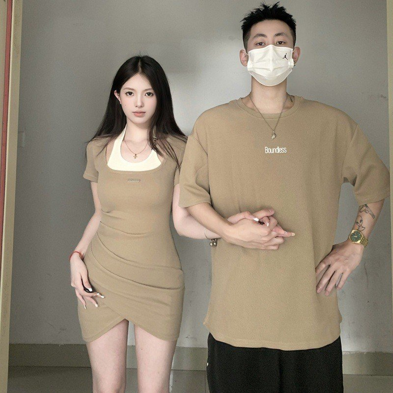 Đồ cặp nam nữ couple set áo váy đôi body ngắn tay mùa hè màu da thời trang cặp đôi hàng Quảng Châu cao cấp C111