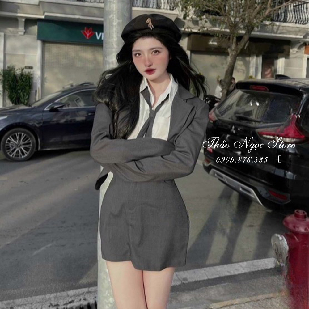 Set áo vest áo sơ mi chân váy ngắn kèm cara vat hàng chuẩn!
