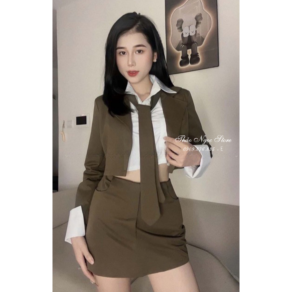 Set áo vest áo sơ mi chân váy ngắn kèm cara vat hàng chuẩn!