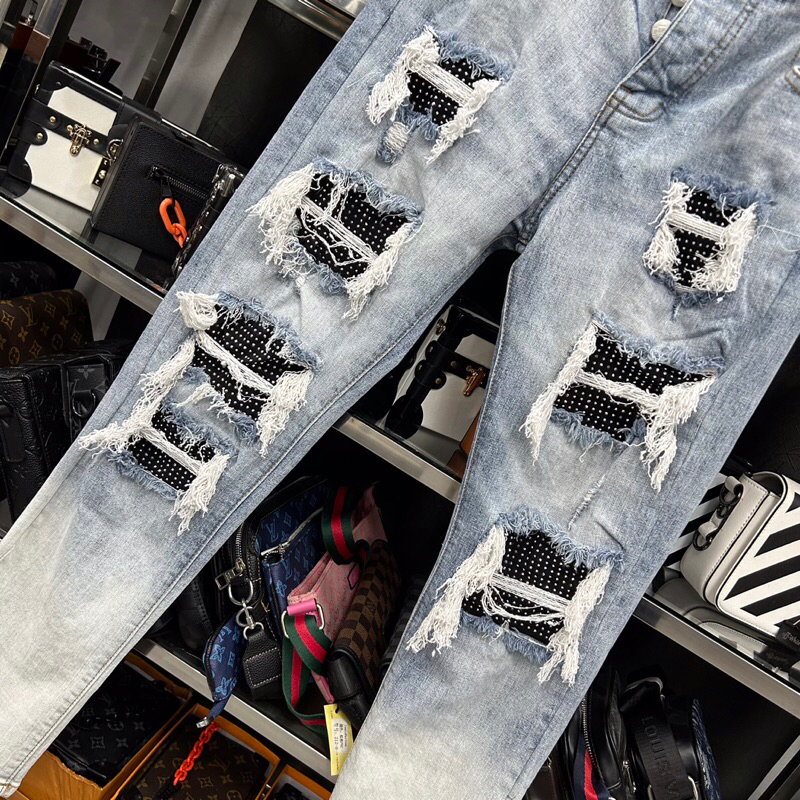 Quần jean xanh đính đá 4 cúc wash rách tua,quần bò amiri loang ống chân đính đá khâu viền phong cách boy phố