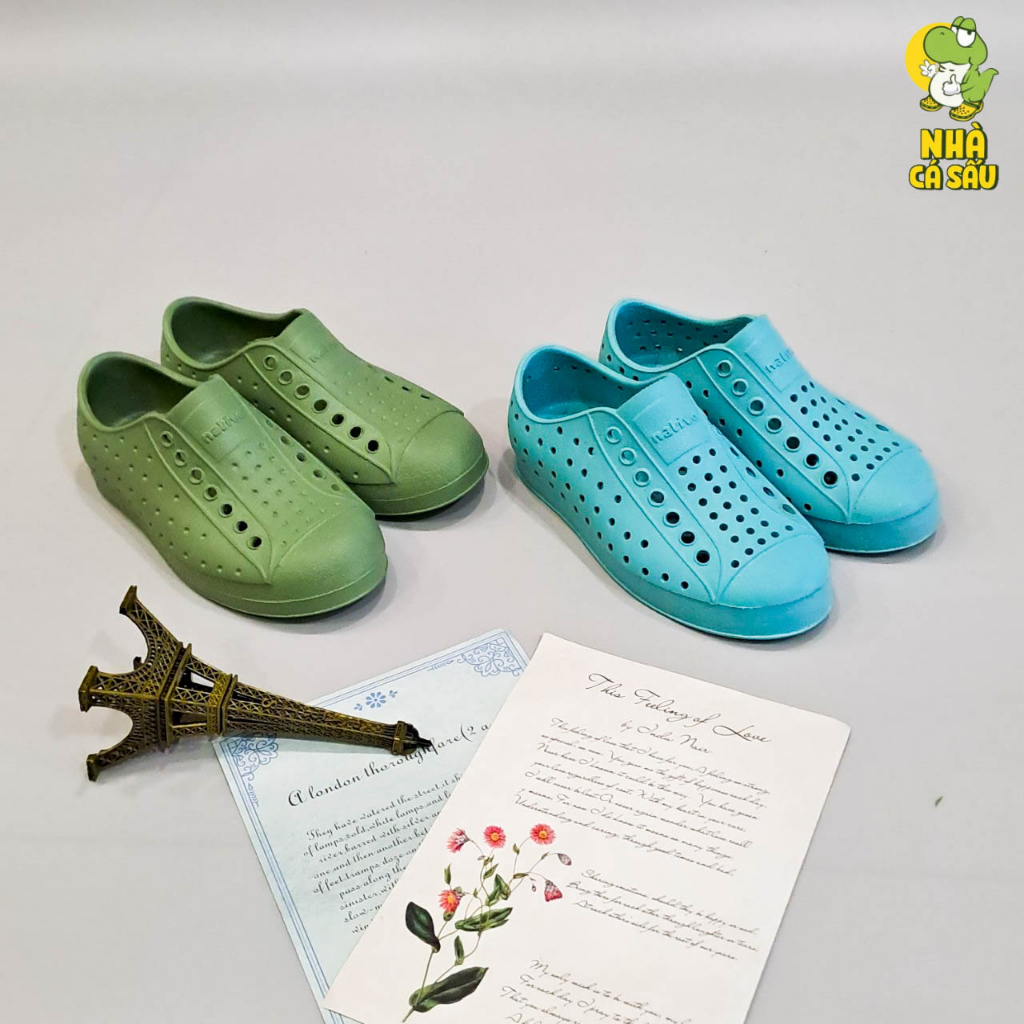 Giày lười full nhựa native trẻ em chính hãng, giày nhựa cho bé trai bé gái thiết đúc nguyên khối màu vàng, xanh ngọc