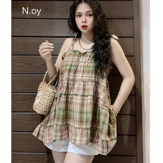 áo 2 dây babydoll thiết kế nơ vai, tt100 KẺ XANH,  form FREE SIZE DƯỚI 57 KG