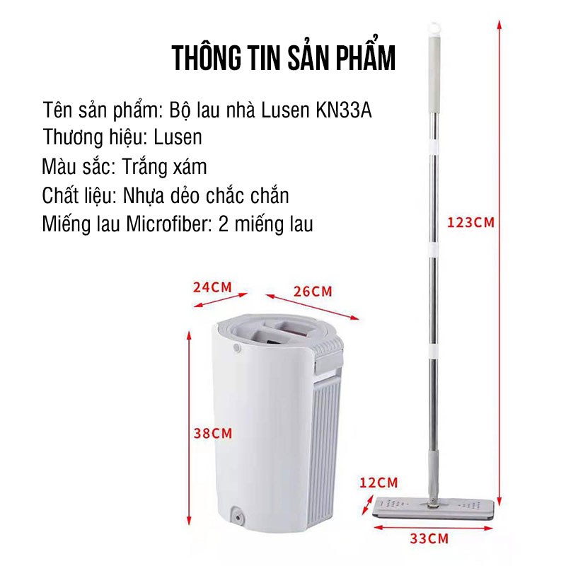 Chổi lau nhà tự vắt thông minh Lusen KN33A, cây lau nhà xoay 360 độ, bộ lau tách nước sạch và khô nhanh chính hãng
