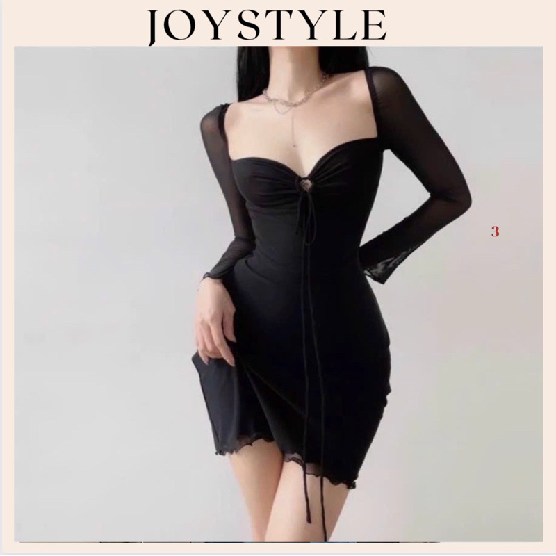 Đầm body dài tay phối lưới dây yếm - Đầm thun JOYSTYLE dáng xinh V79