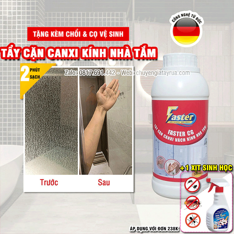 (SIÊU MẠNH) Nước Tẩy Cặn Canxi Trên Kính Nhà Tắm, Vệ Sinh Gương Nhà Tắm Bị Ố Mờ Chai Lớn Faster CG Plus 500ml