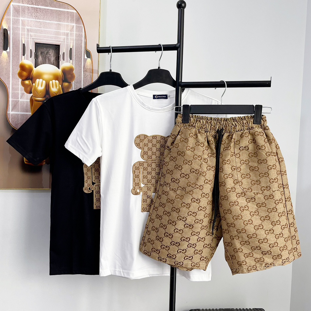 Bộ quần áo nam tay ngắn, set quần áo thun nam tay ngắn thêu hình gấu vàng chất cotton thoáng mát