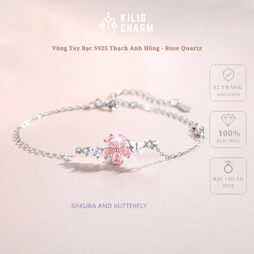 Lắc tay bạc nữ S925 "Sakura and Butterfly" đá năng lượng thạch anh hồng thu hút tình duyên freesize - KiligCharm KC08