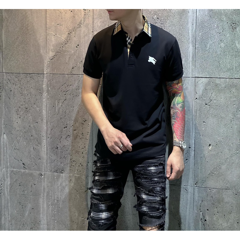Áo polo nam bbr hai màu trắng đen có hoạ tiết logo đơn giản cổ bẻ phối thời trang phong cách giới trẻ có size s đến xl