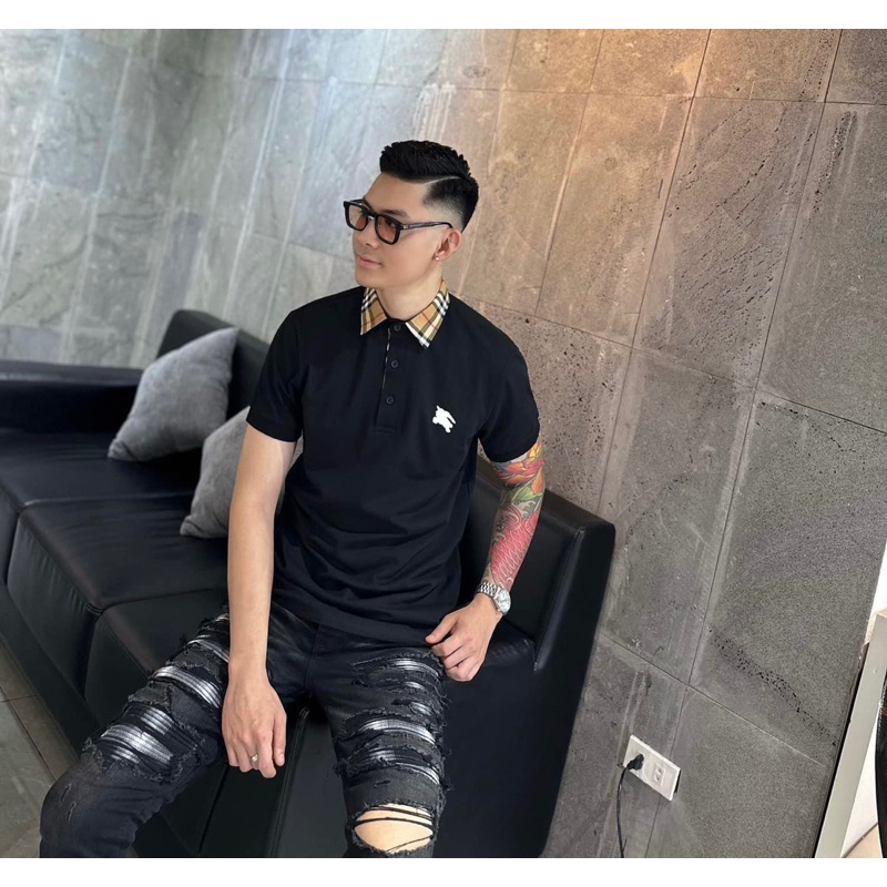 Áo polo nam bbr hai màu trắng đen có hoạ tiết logo đơn giản cổ bẻ phối thời trang phong cách giới trẻ có size s đến xl