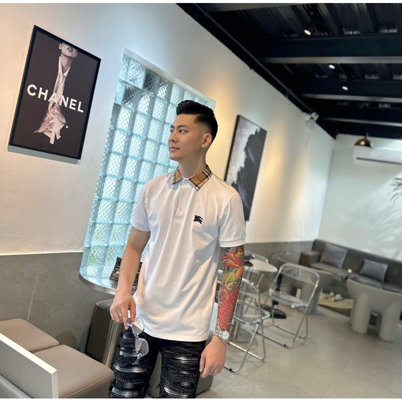 Áo polo nam bbr hai màu trắng đen có hoạ tiết logo đơn giản cổ bẻ phối thời trang phong cách giới trẻ có size s đến xl