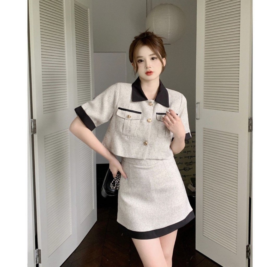 Set Dạ Tiêu Phối Cổ Viền Đen Mix Chân Váy Xinh V195 Chubby Baby