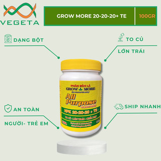 Phân Bón NPK GrowMore 20-20-20 100gr - VEGETASHOP - Chuyên Dùng Cho Hoa Lan Cây Kiểng