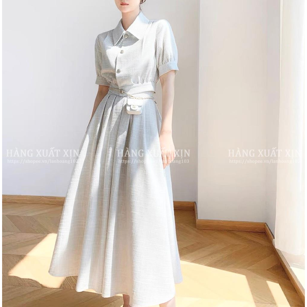 Bộ áo và chân váy xếp ly midi Moonpeace vải tweet