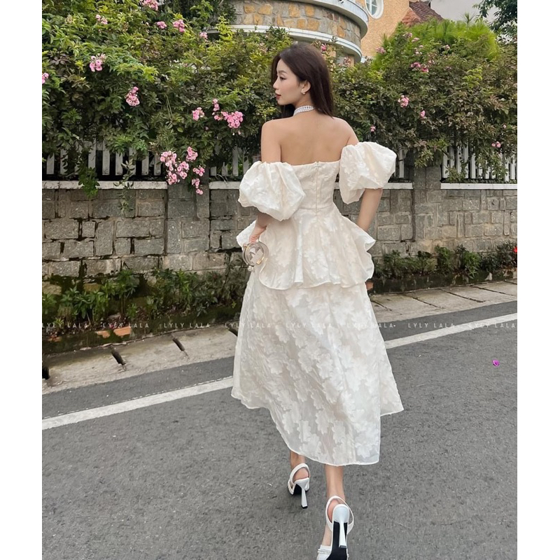 Đầm dự tiệc vải thuê hoa màu be sữa