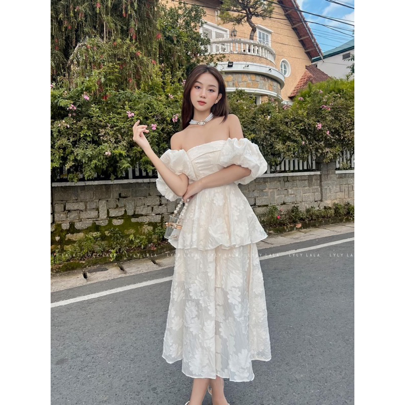 Đầm dự tiệc vải thuê hoa màu be sữa