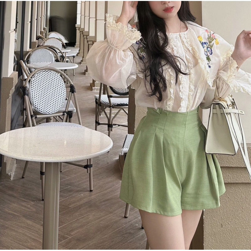 SET ÁO NUDE THÊU HOA SHORT XANH