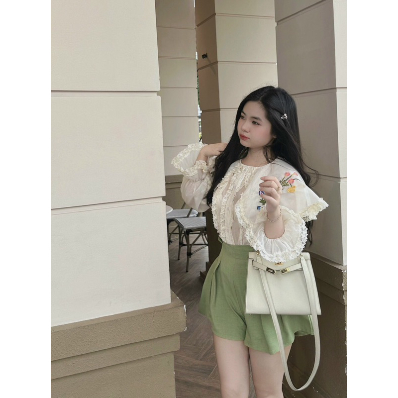 SET ÁO NUDE THÊU HOA SHORT XANH