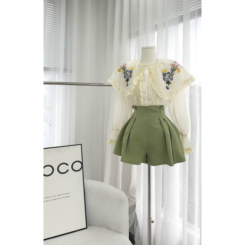 SET ÁO NUDE THÊU HOA SHORT XANH