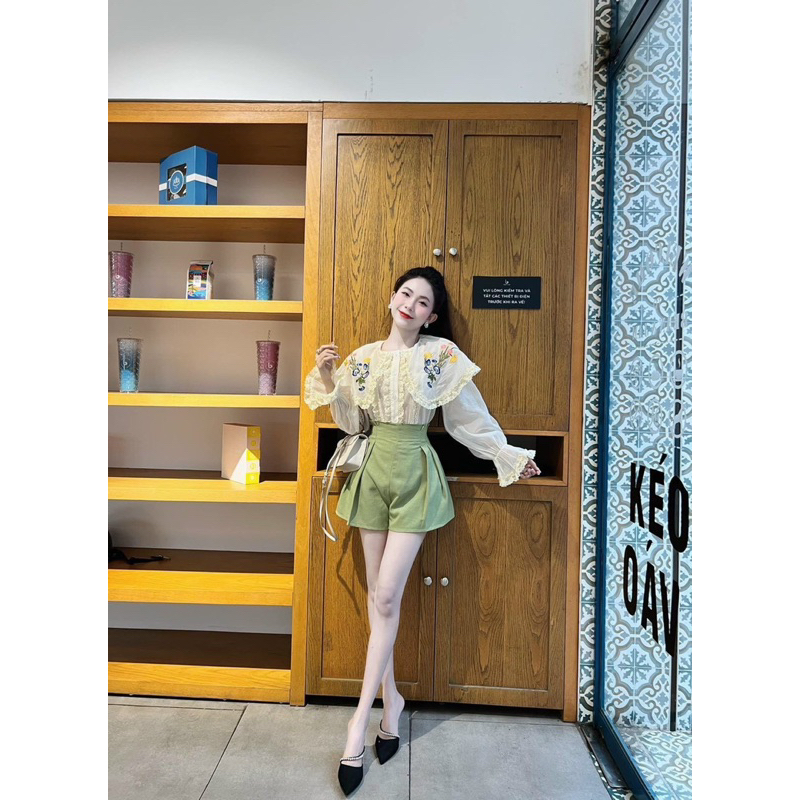SET ÁO NUDE THÊU HOA SHORT XANH