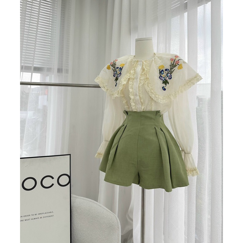 SET ÁO NUDE THÊU HOA SHORT XANH