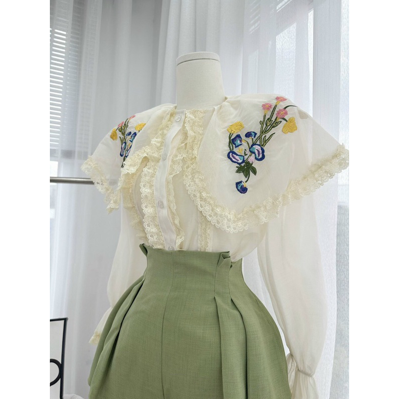 SET ÁO NUDE THÊU HOA SHORT XANH