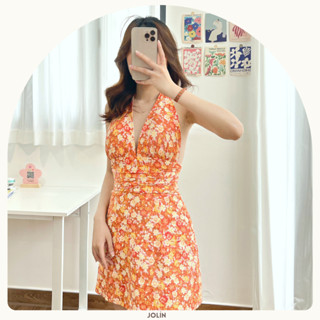 JOLIN ✿ KARA DRESS - Đầm ngắn mùa hè cúp ngực cột nơ hở lưng họa tiết hoa cam sẵn mút ngực