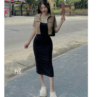Đầm body kèm áo khoác thời trang nữ dự tiệc chất thun gân cổ dâu không tay dáng váy ôm body maxi tôn dáng sang trọng