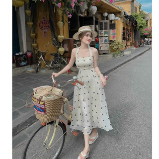 Đầm thời trang nữ dự tiệc sang trọng chất tơ xốp chấm bi cổ dây cột nơ sau không tay có mút có lót dáng váy dài xoè maxi