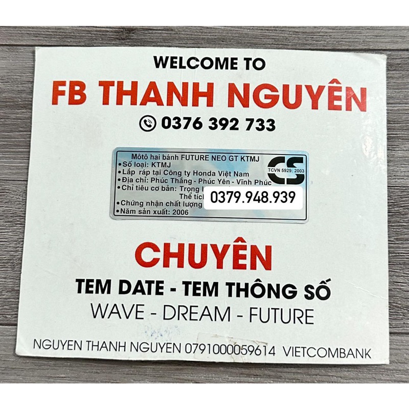 Tem thông số năm sản xuất Fu NEO GT 2006 ( chuẩn zin )
