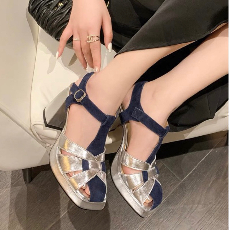 ORDER 💕 Giày dây đan mũi rọ da mix gót vuông 8cm34-39