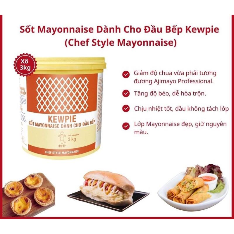 XỐT MAYONNAISE BASE TYPE HORECA KEWPIE 3KG HOẶC MAYO ĐẦU BẾP 3KG DÀNH CHO NHÀ HÀNG, QUÁN ĂN