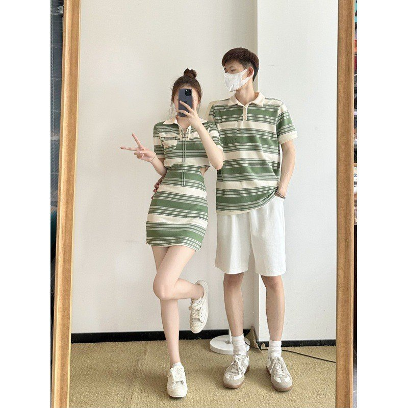 Đồ cặp nam nữ set couple áo nam váy nữ Polo mùa hè đi chơi hoạ tiết kẻ ngang màu trắng xanh thời trang cặp đôi TL17