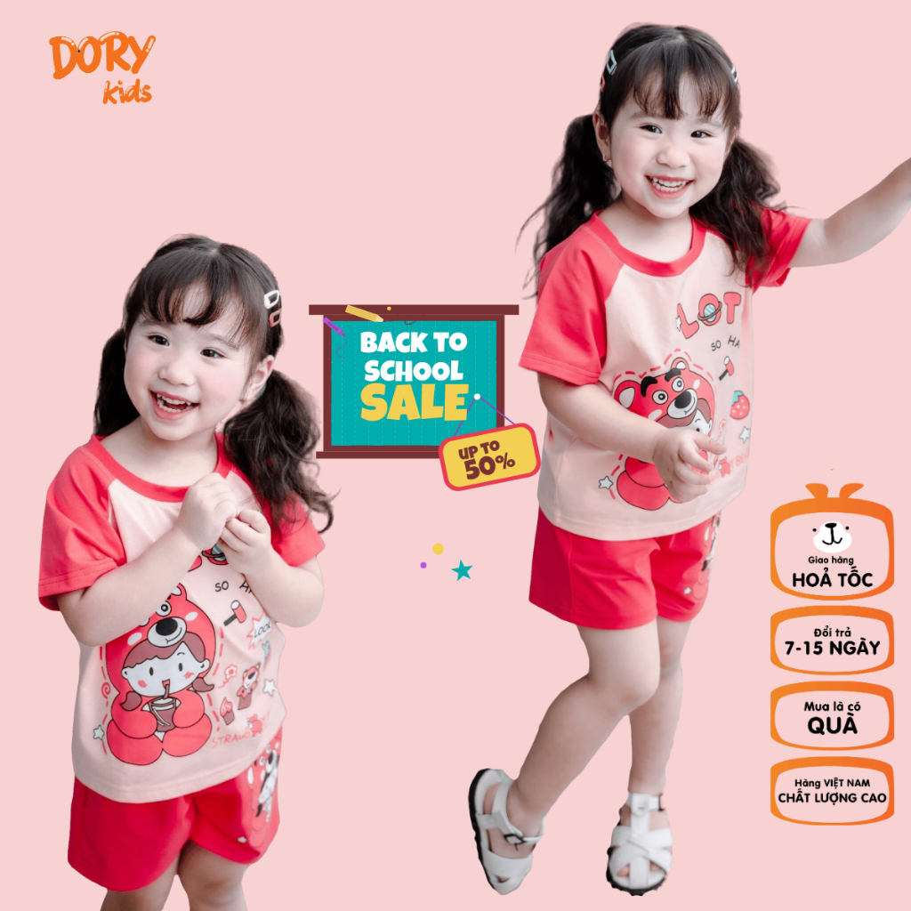 Đồ bộ cộc tay cho bé DORYKIDS Gấu dâu xinh xắn nhiều màu, chất thun cotton mát lạnh thoáng mát, size từ 10kg-30kg