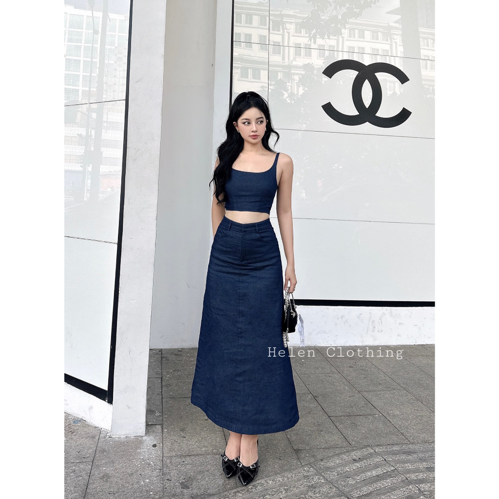 Set Áo 2 Dây Chân Váy Dài Form Chữ A Chất Denim