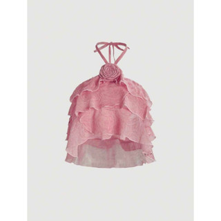 ( ORDER SHEIN ) Áo croptop cột dây ở cổ bèo tầng đính hoa hồng Hàn Quốc Y2K - ROSYN TOP