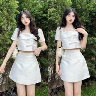 Set bộ 2 món áo croptop tafta đính nơ lệch phối chân váy siêu hot