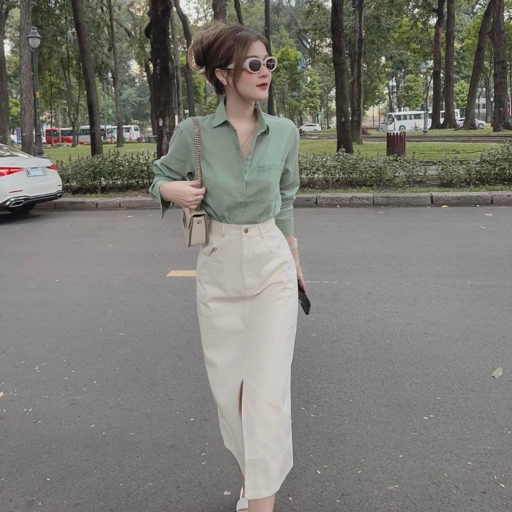 Set váy thời trang nữ,set váy dáng dài xẻ  tà giữa áo sơ mi xanh gài nút trơn màu siêu xinh đi chơi,cafe,hẹn hò.....