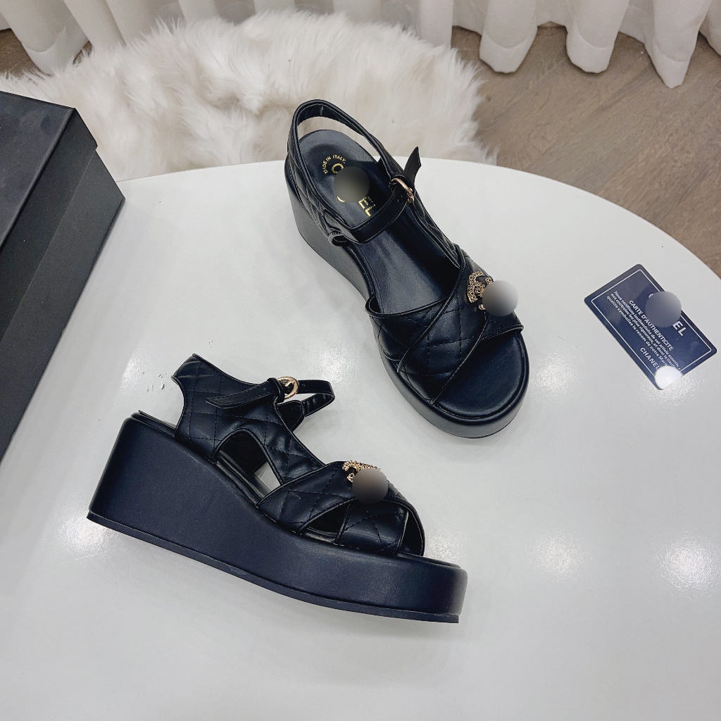 Sandal đế xuồng nữ cao gót chất da nâng đế 8cm