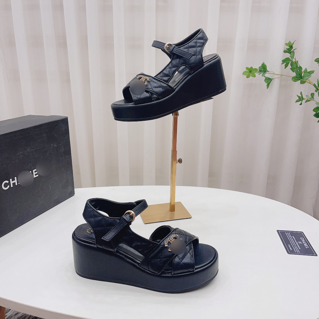 Sandal đế xuồng nữ cao gót chất da nâng đế 8cm