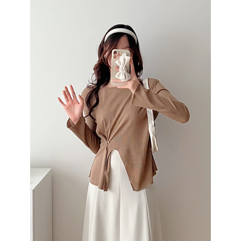 ÁO LỆCH VAI XẺ VẠT DÀI TAY CÚC CÀI EO VICKY SIÊU XINH PHONG CÁCH HÀN QUỐC