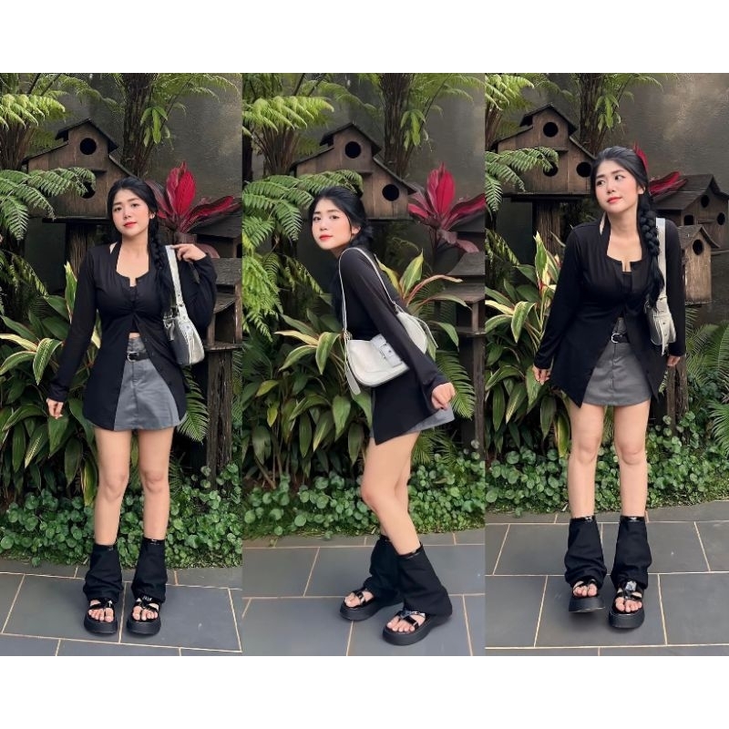 SET 4 MÓN: KHOÁC ĐEN + CROP ĐEN CỔ YẾM + CHÂN VÁY KÈM NỊT