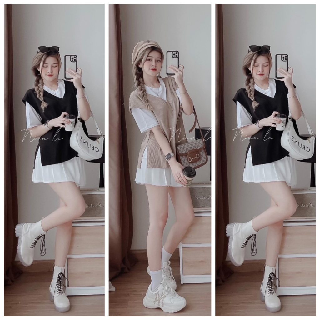 Set 3 Món: Áo Thun Trắng Phối Áo Gile Cổ Chữ V + Chân Váy Xếp Ly Xòe